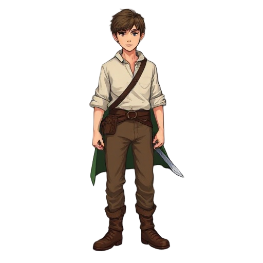 clothing: simple off-white linen shirt with rolled sleeves, worn brown trousers, plain leather belt, scuffed leather boots. a modest forest-green cloak/poncho optional, slightly torn at the hem. gear: wooden practice sword slung at first, plus an iron sho