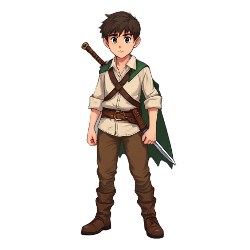 clothing: simple off-white linen shirt with rolled sleeves, worn brown trousers, plain leather belt, scuffed leather boots. a modest forest-green cloak/poncho optional, slightly torn at the hem. gear: wooden practice sword slung at first, plus an iron sho