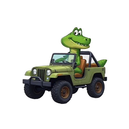 create a cartoon crocodile who appears to be driving an invisible jeep
