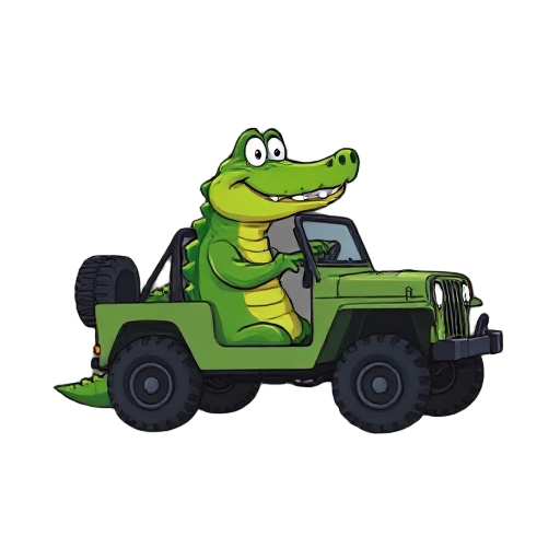 create a cartoon crocodile who appears to be driving an invisible jeep. don’t show the jeep 