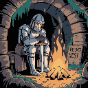 medieval knight in full plate amour sit by campfire in dungeon