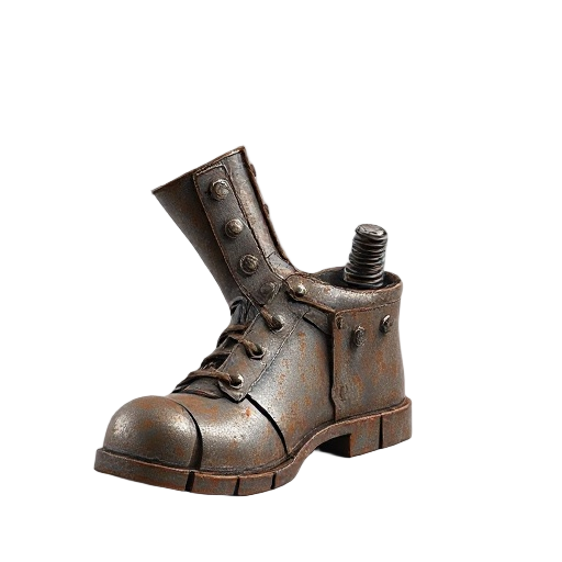 an improvised right-foot boot made from rusty metal sheets and loose screws, front view, soft lighting highlighting the oxidized textures, visible weld details, clean photographic style, neutral light gray background, single centered piece