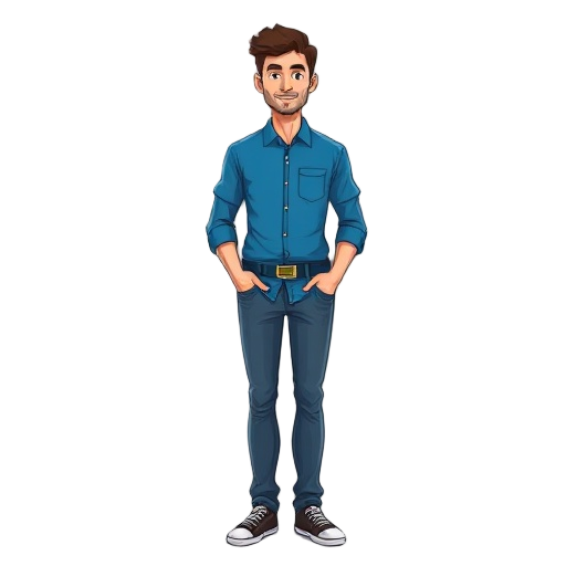 a man in blue shirt full body 