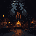 a dark gothic saloon in wide landscape