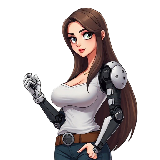 apoclospe western clothing, tall, woman,  long hair, six times an i cup sized bust very prominent, male gaze ascetic, one robot arm, smug.l9om