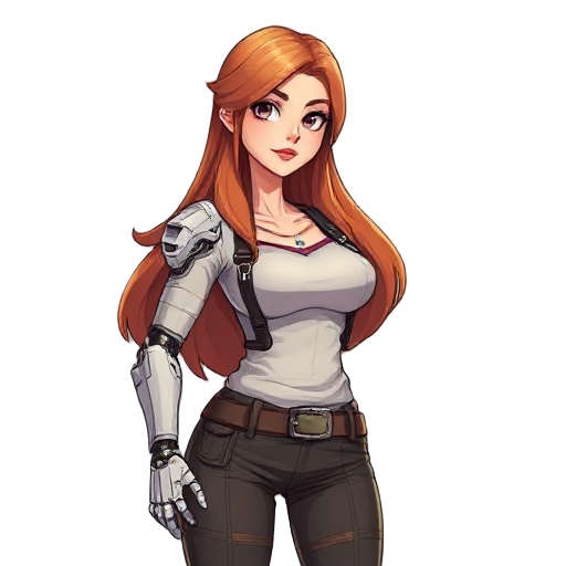 apoclospe western clothing, tall, woman,  long hair, i cup sized bust very prominent, male gaze ascetic, one robot arm, smug.l9om