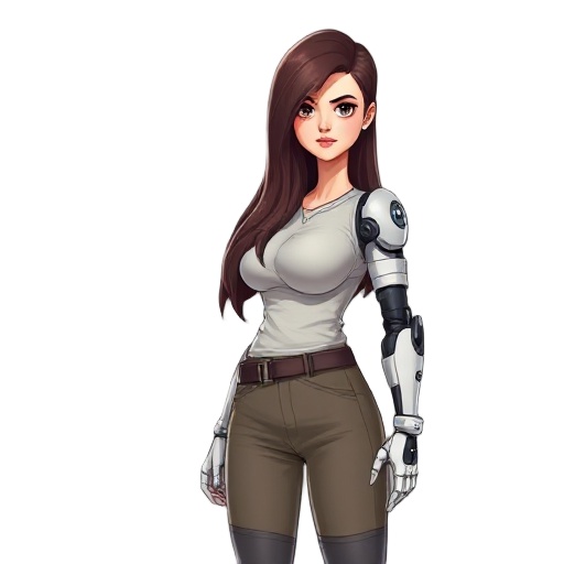 apoclospe western clothing, tall, woman,  long hair, six times an i cup sized bust very prominent, male gaze ascetic, one robot arm, smug.l9om