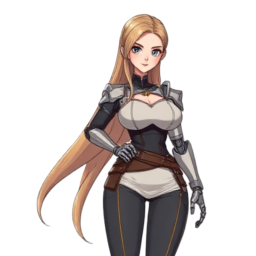 apoclospe western clothing, tall, woman, long hair, six times an i cup sized bust very prominent, male gaze ascetic, one robot arm, smug look, bust minimum size should be three times larger than head