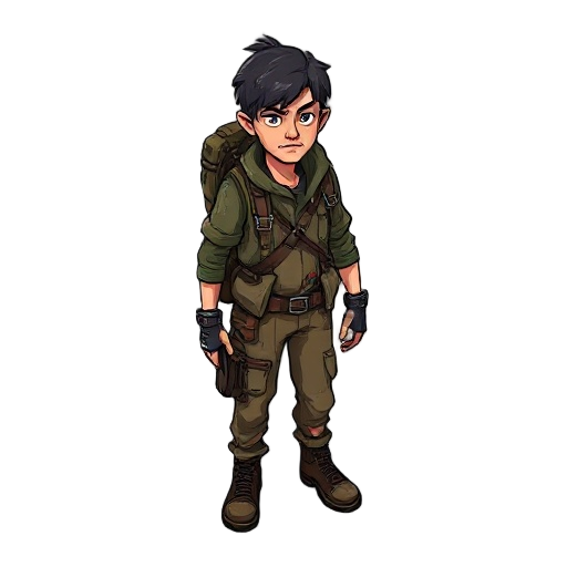post-apocalyptic character in tattered clothing with a backpack