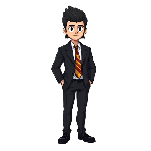 wide shoulders, teen, black hair,flat mullet, black blazer, black trousers, black shoes,  white buttoned up shirt underneath, yellow red and black striped tie, strong build, tall, abit fat not too fat