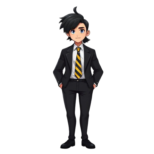 teen, black hair, mullet, black blazer, black trousers, black shoes,  white buttoned up shirt underneath, yellow red and black striped tie, strong build, tall, abit fat not too fat