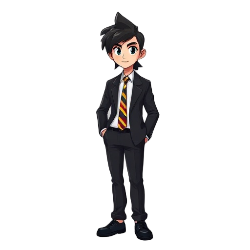 teen, black hair, mullet, black blazer, black trousers, black shoes,  white buttoned up shirt underneath, yellow red and black striped tie, strong build, tall, abit fat not too fat