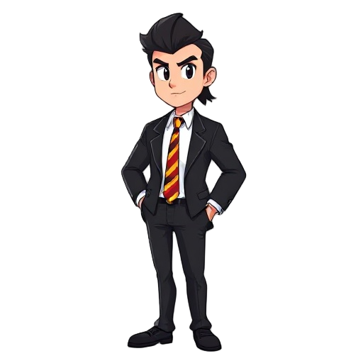 black hair, mullet, black blazer, black trousers, white buttoned up shirt underneath, yellow red and black striped tie, strong build
