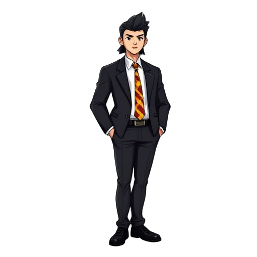 , wide shoulders, teen, black hair, mullet, black blazer, black trousers, black shoes, white buttoned up shirt underneath, yellow red and black striped tie, strong build, tall, abit fat not too fat