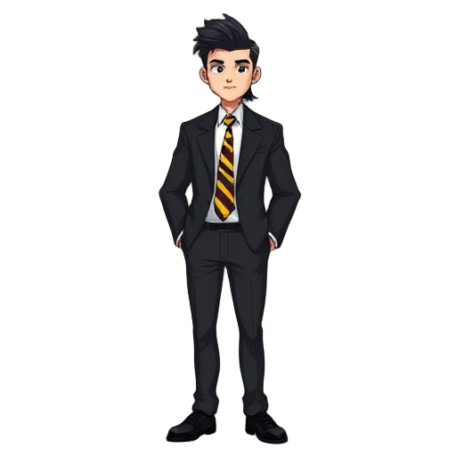 teen, black hair, mullet, black blazer, black trousers, black shoes,  white buttoned up shirt underneath, yellow red and black striped tie, strong build, tall, abit fat not too fat