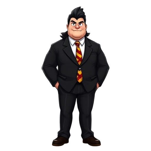 black hair, mullet, black blazer, black trousers, white buttoned up shirt underneath, yellow red and black striped tie, strong build, tall, abit fat not too fat