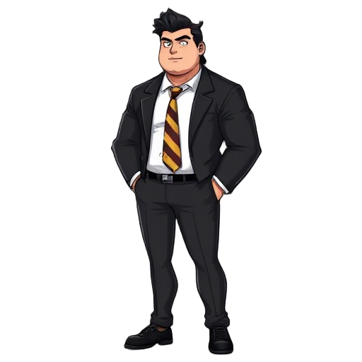 teen, black hair, mullet, black blazer, black trousers, black shoes,  white buttoned up shirt underneath, yellow red and black striped tie, strong build, tall, abit fat not too fat
