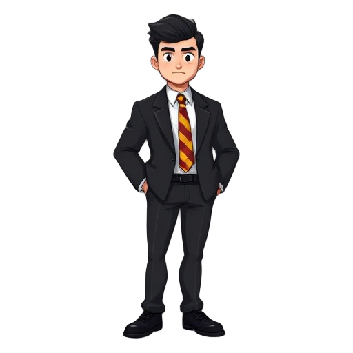 wide shoulders, teen, black hair,flat mullet, black blazer, black trousers, black shoes,  white buttoned up shirt underneath, yellow red and black striped tie, strong build, tall, abit fat not too fat