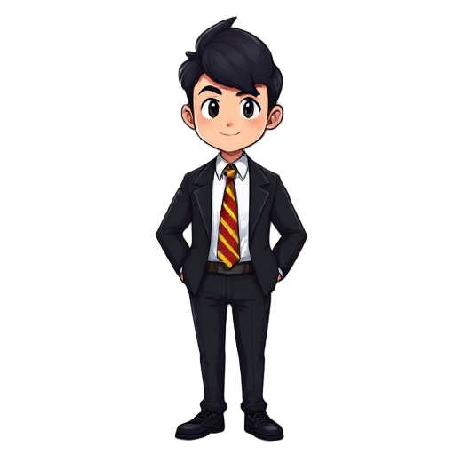 wide shoulders, teen, black hair,flat mullet, black blazer, black trousers, black shoes, white buttoned up shirt underneath, yellow red and black striped tie, strong build, tall, abit fat not too fat