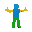 a roblox noob all cuboids, arms yellow, legs green, torso is blue and head is yellow
