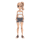 front view, petite woman, white tank top, jeans micro shorts, blonde hair ponytail, no backgroung,