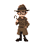 a classic detective wearing a trench coat and fedora, holding a magnifying glass, with no background.