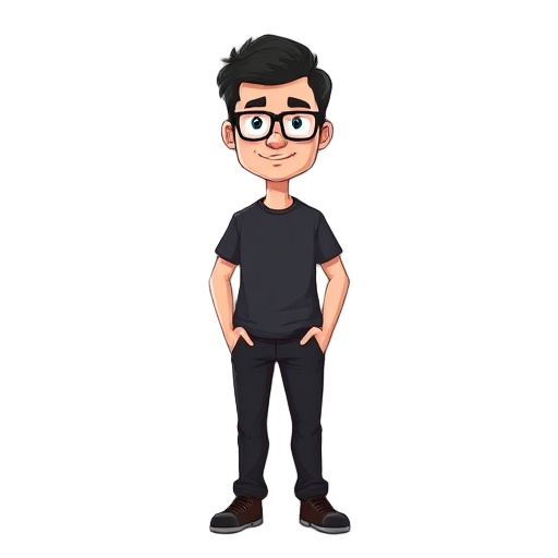 i want a character of an about 40 year old man with short dark hair, glasses and a nice face. he has a normal sized body and a rather dark t-shirt and dark trousers. he's a computer scientist. 