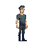 i want a character of an about 40 year old man with short dark hair, glasses and a nice face. he has a normal sized body and a rather dark t-shirt and dark trousers. he's a computer scientist. pixel  
