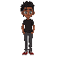 brunette skin, dark green eyes, high top dreads short and not too long to go over his eyes. black t-shirt, gray jeans, red shoes.