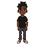 brunette skin, dark green eyes, high top dreads short and not too long to go over his eyes. black t-shirt, gray jeans, red shoes.