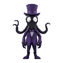 a tall well built humanoid creature with a plain black mask, blank white eyes, purple top hat, purple tuxedo, multiple black tentacles, cute