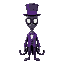 a tall humanoid creature with a plain black mask, blank white eyes, purple top hat, purple tuxedo, multiple black tentacles, cute