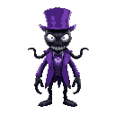 a humanoid monster with a black mask, white eyes, purple top hat, purple tuxedo, black tentacles