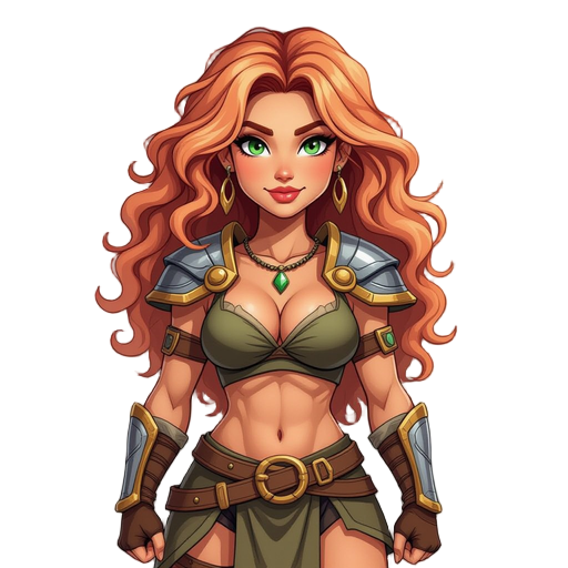 buff, barbarian woman, wavy peach colored hair, dark tan skin, green eyes,