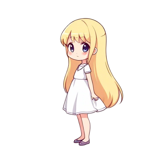 side view of a cute chibi girl in a white dress and long blonde hair