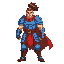 warrior with blue armor, red cape, brown gloves/boots, and spiky topknot hair. heroic stance, 16-bit rpg style, confident look, detailed shading, and classic fantasy vibe