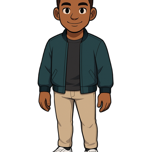 the character is a young man with dark skin and short, dark brown hair. he has a friendly smile. he's wearing a dark teal bomber jacket over a dark grey t-shirt, light beige pants, and white sneakers.