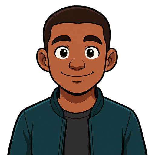 the character is a young man with dark skin and short, dark brown hair. he has a friendly smile. he's wearing a dark teal bomber jacket over a dark grey t-shirt, light beige pants, and white sneakers.