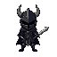 dark knight with a horned helmet and dual swords, in the style of crusader quest, big head and small body proportion, dark armor