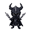 dark knight with a horned helmet and dual swords, in the style of crusader quest, big head and small body proportion, dark armor