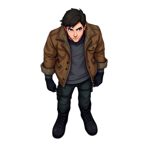 topdown  sprite of jason wears a rotten and tattered brown jacket made of burlap, a grey sweatshirt and a navy blue undershirt. along with black platform boots with laces, black leather gloves, dark b