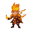 create a game character made of fire with fire armor strong but agile with a kind face