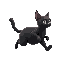 black cat with a fat body, skinny head  and no neck running 