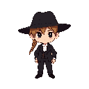 attire: the character is wearing a black or very dark suit (jacket and trousers) with a white accent near the neck, which could be a tie or an ascot.  headwear: a dark, wide-brimmed hat is on the head.  hair: light brown or tan hair (possibly a braid or p