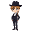 attire: the character is wearing a black or very dark suit (jacket and trousers) with a white accent near the neck, which could be a tie or an ascot.  headwear: a dark, wide-brimmed hat is on the head.  hair: light brown or tan hair (possibly a braid or p