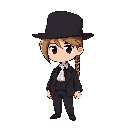 attire: the character is wearing a black or very dark suit (jacket and trousers) with a white accent near the neck, which could be a tie or an ascot.  headwear: a dark, wide-brimmed hat is on the head.  hair: light brown or tan hair (possibly a braid or p