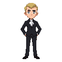 he character is wearing a black or very dark suit (jacket and trousers) with a white accent near the neck, which could be a tie or an ascot.