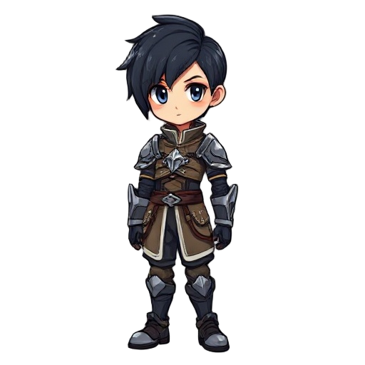  a boy with short black hair with bangs combed to the side, armor mixed with clothes, all very stylish