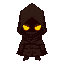 a pixel art character in a medieval fantasy style, wearing a dark brown hooded cloak that covers the entire body. the character's face is completely hidden in shadow — only two glowing yellow eyes are