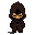 a pixel art character in a medieval fantasy style, wearing a dark brown hooded cloak that covers the entire body. the character's face is completely hidden in shadow — only two glowing yellow eyes are